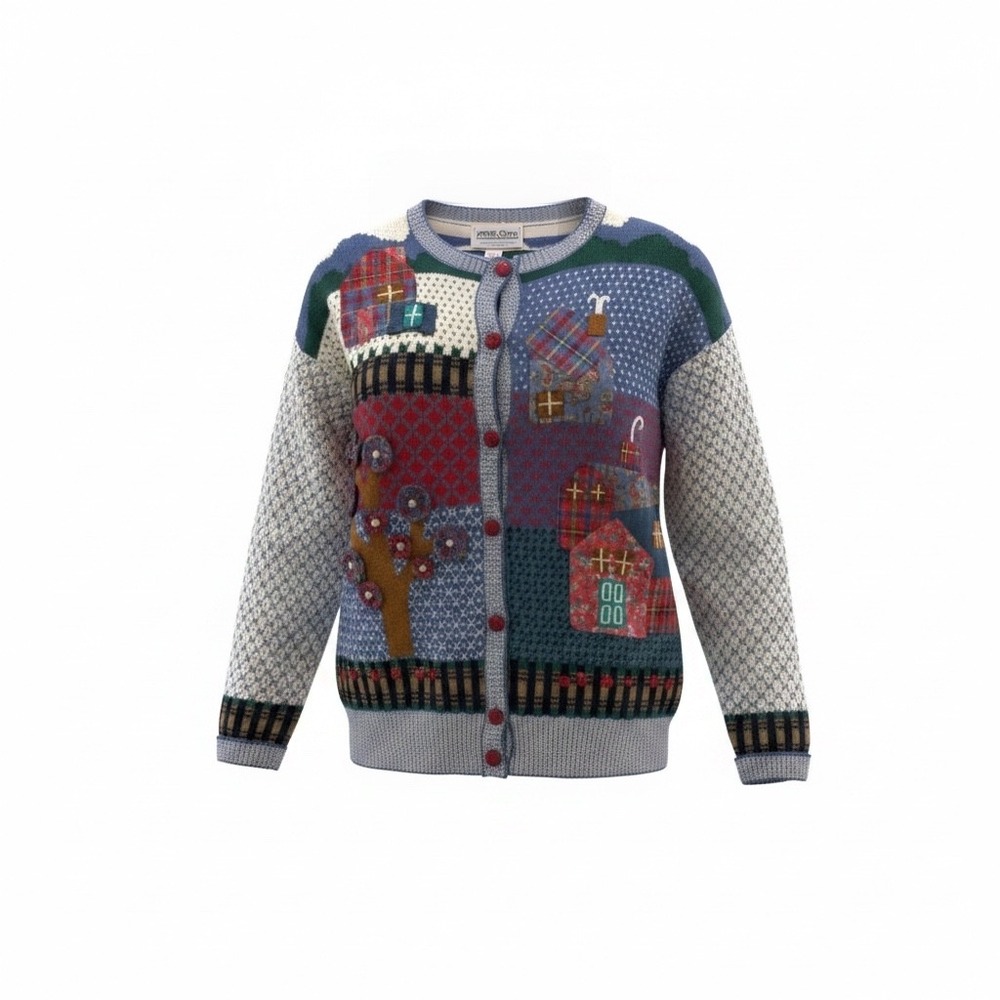 Susan Bristol Cardigan Women M Blue 1991 Vintage Patchwork House Christmas